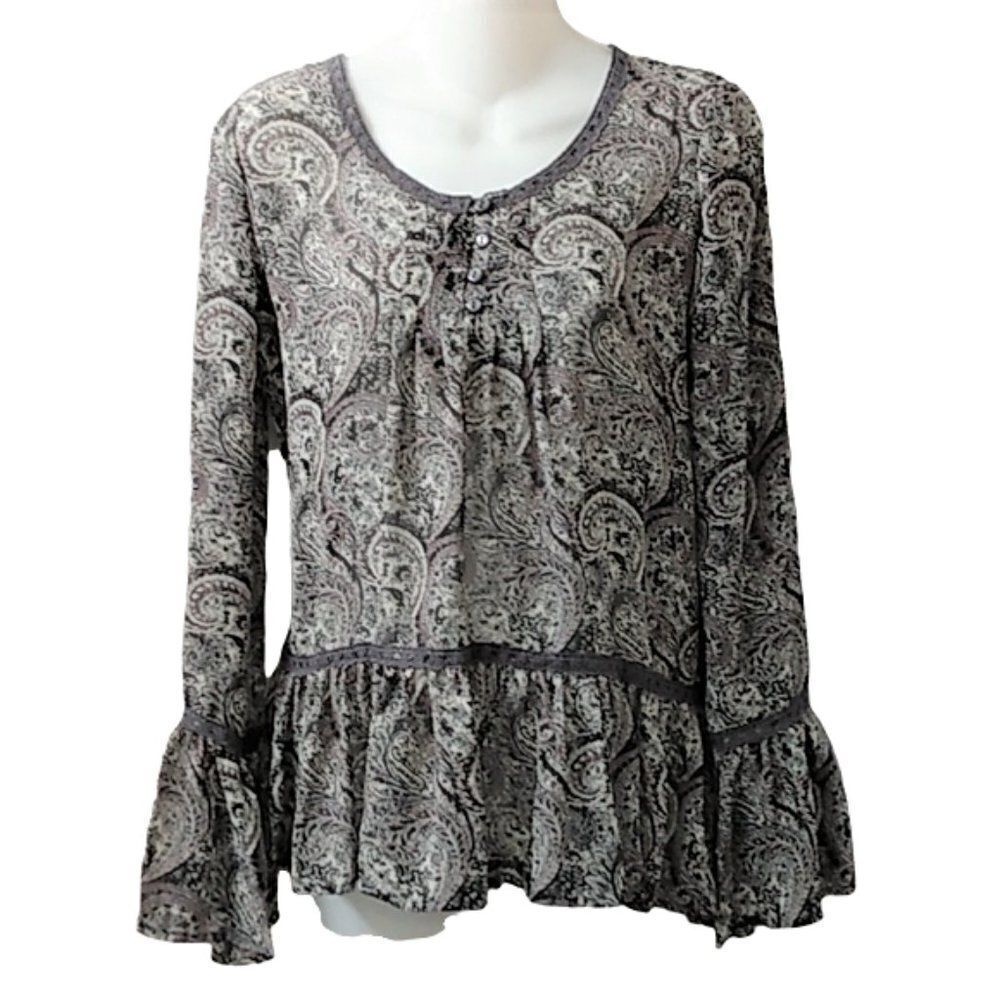 Charming Charlie Women's Sheer Gray Paisley Long Bell Sleeve Peplum Blouse Small